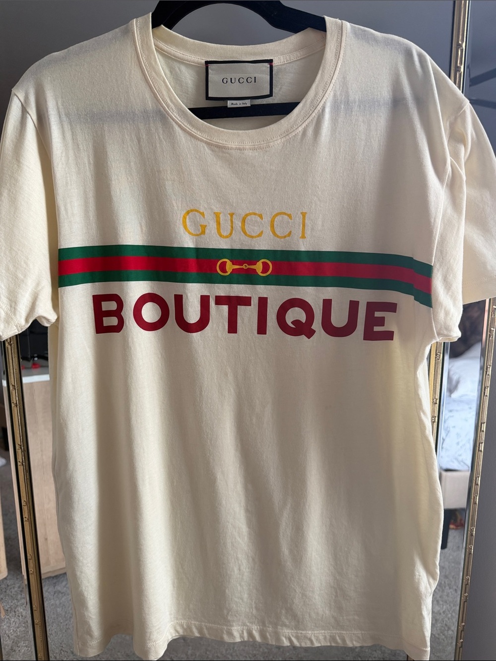 Gucci Cream Short Sleeve Tee with Red 'BOUTIQUE' and Green-Red Stripe